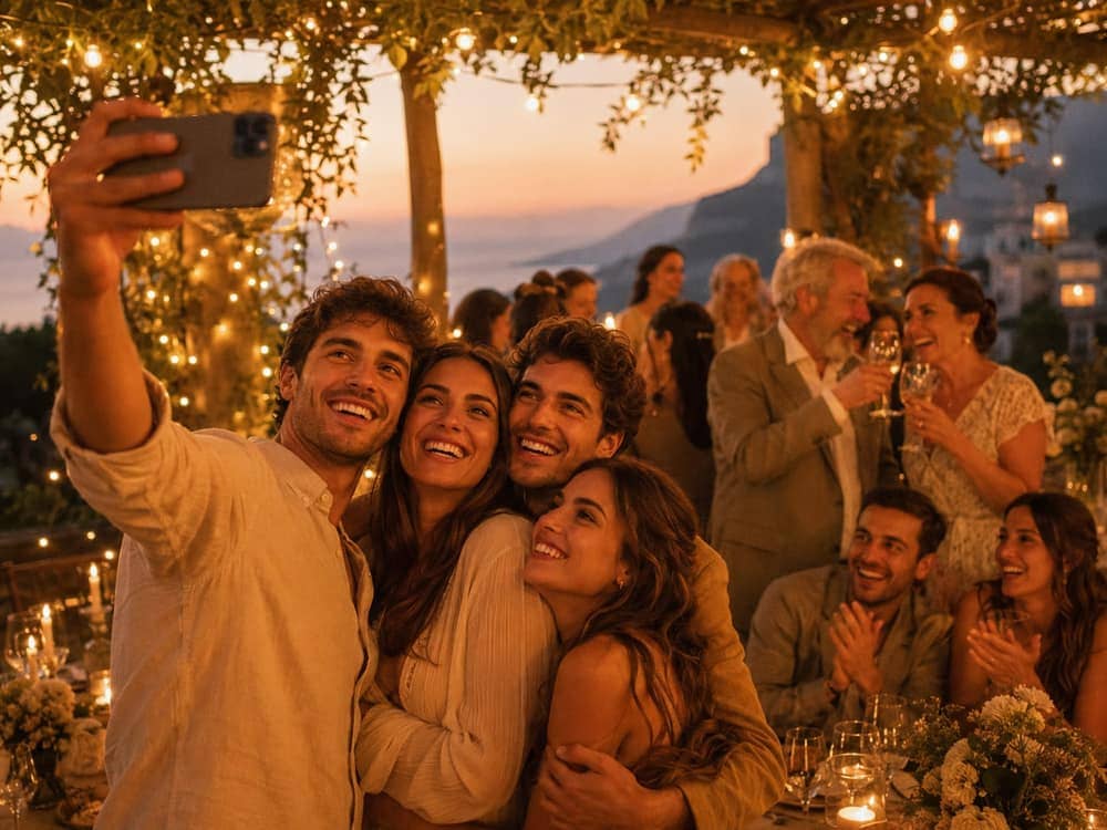 Un grupo de amigos haciéndose una selfie al atardecer